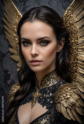 Enigmatic Angelic Figure with Golden Wings