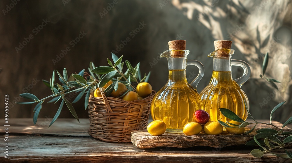 Olive oil and olive twig on a table Olive oil and olive twig on a table