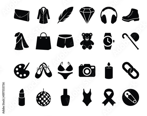 Fashion accessories icon set variety items including clothing jewelry accessories, earring dress foot