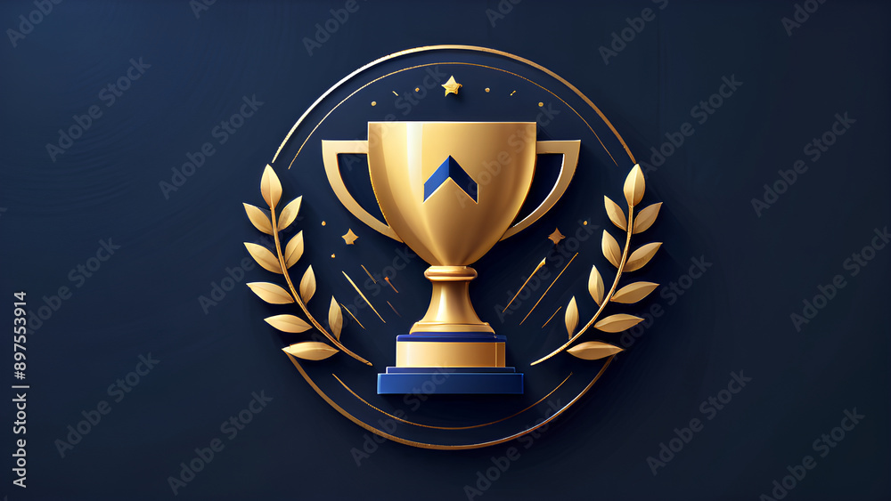 a golden trophy trophy with laurel, upward arrow in blue a golden trophy trophy with laurel, upward arrow in blue