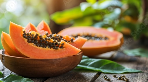 papaya oil and plant isolated in bright colorful background photo