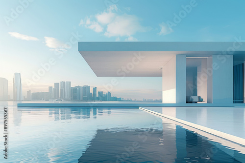 Modern buildings by the lake. The modern urban skyline is in the background.