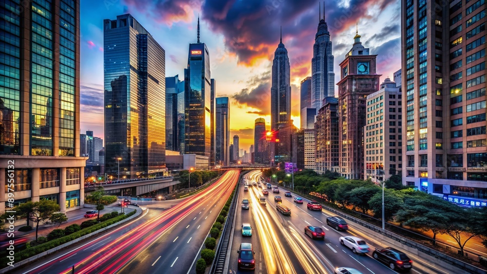 Fototapeta premium Brightly lit cityscape at dusk featuring a bustling street lined with towering skyscrapers, vibrant billboards, and sleek cars speeding down the asphalt road.