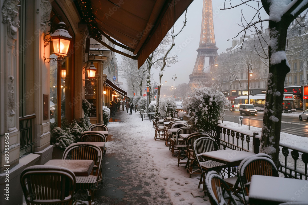 Naklejka premium A Serene Parisian Winter Evening: Snow Covered Sidewalks with Lit Street Lamps and Empty Chairs in Front of Cafes, Eiffel Tower Faintly Visible Through Snowfall