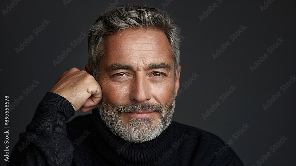Obraz premium Portrait of handsome respectable man with blue eyes close-up on gray background. Photo of brutal 50-year-old man with gray hair and stubble