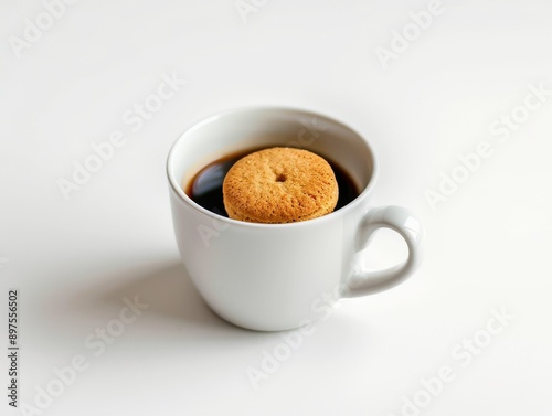 A coffee cup with a saucer and a small jug of milk on a white background