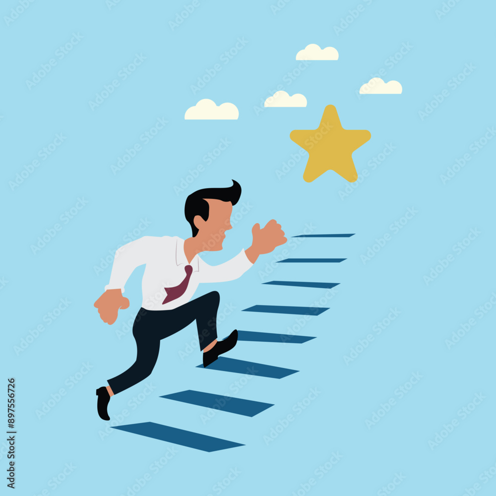 business man moving up the stairs towards his goal, wealth management, money and investment advisor concept. success, business goal. achivment. business man moving up the stairs towards his goal, wealth management, money and investment advisor concept. success, business goal. achivment.