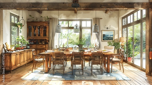 A cozy dining room with a farmhouse design, featuring wooden furniture, vintage fixtures, and a large table for a warm and inviting space for family meals. Watercolor style, high resolution