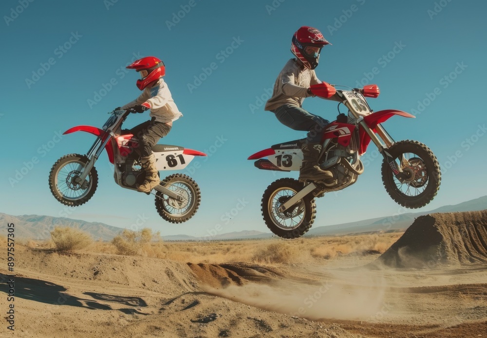Two young children are jumping in a dirtbike landscape with a blue sky Two young children are jumping in a dirtbike landscape with a blue sky