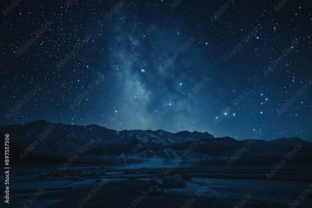 Starry sky, Milky Way, night view of the desert with distant mountains in silhouette Starry sky, Milky Way, night view of the desert with distant mountains in silhouette