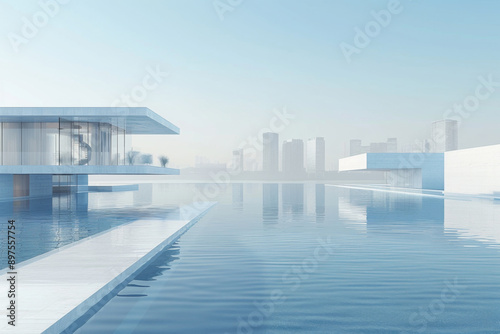 Modern buildings by the lake. The modern urban skyline is in the background.