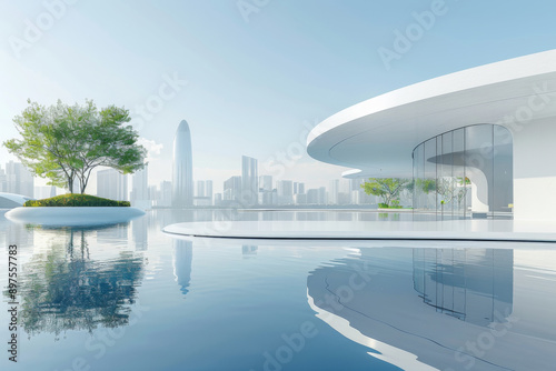 Modern buildings by the lake. The modern urban skyline is in the background.