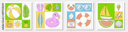 Set of geometric modern square card with simple minimalist summer beach colorful elements. Collection of trendy vector background, geometry. Abstract layout for poster, cover, brochure, party, banner