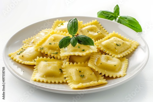 ravioli, presented in a simple and minimalist style, against a white background photo