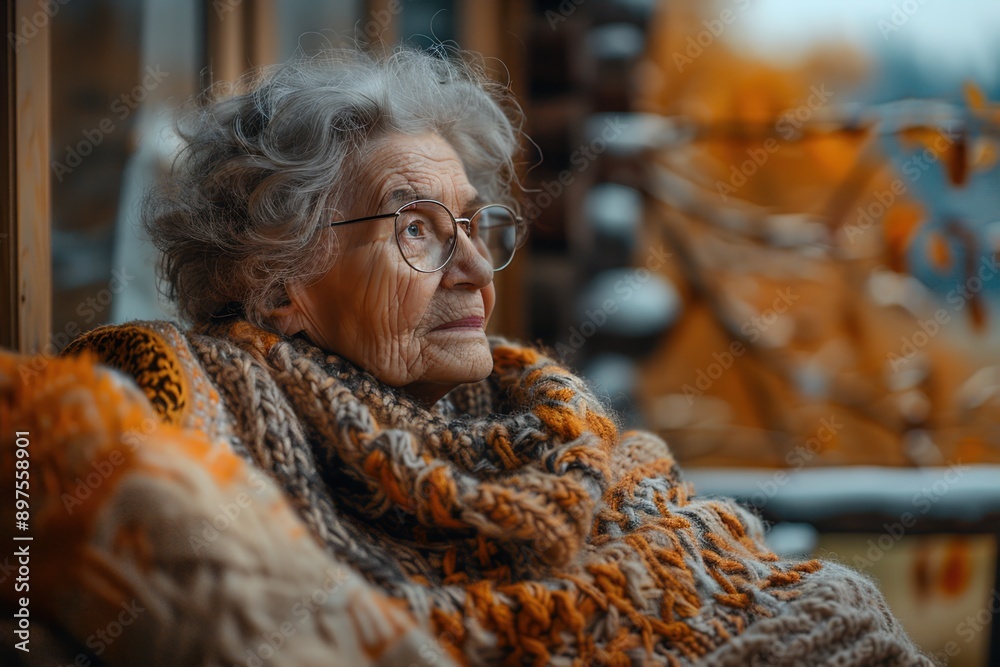Elderly woman with gray hair and glasses sitting thoughtfully, wrapped in a colorful knit blanket, with an autumn background.
