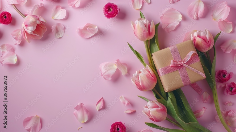 Tulips and gift box on pink pastel background for romantic setting Tulips and gift box on pink pastel background for romantic setting