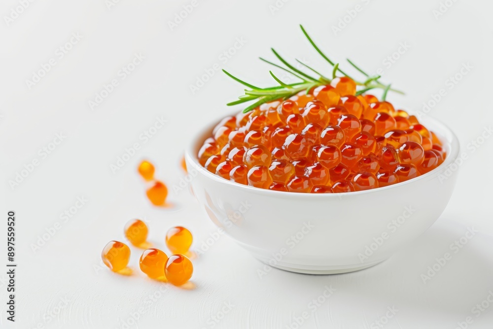 small dish filled with salmon caviar, presented in a minimalist style with a clean, white background
