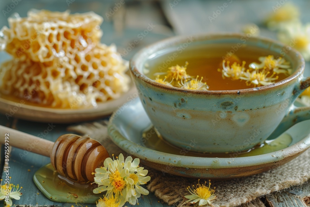 Shot of a cup of linden tea, highlighting the delicate yellow flowers floating in the liquid, and a bowl of honey with a honeycomb texture visible. Shot of a cup of linden tea, highlighting the delicate yellow flowers floating in the liquid, and a bowl of honey with a honeycomb texture visible.