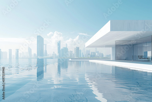 Modern buildings by the lake. The modern urban skyline is in the background.