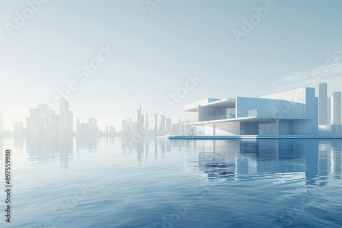 Modern buildings by the lake. The modern urban skyline is in the background.