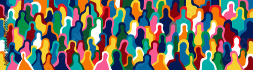 
 Crowd of people silhouettes , international web communication multicolored abstract background