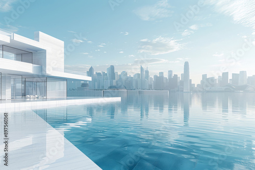 Modern buildings by the lake. The modern urban skyline is in the background.