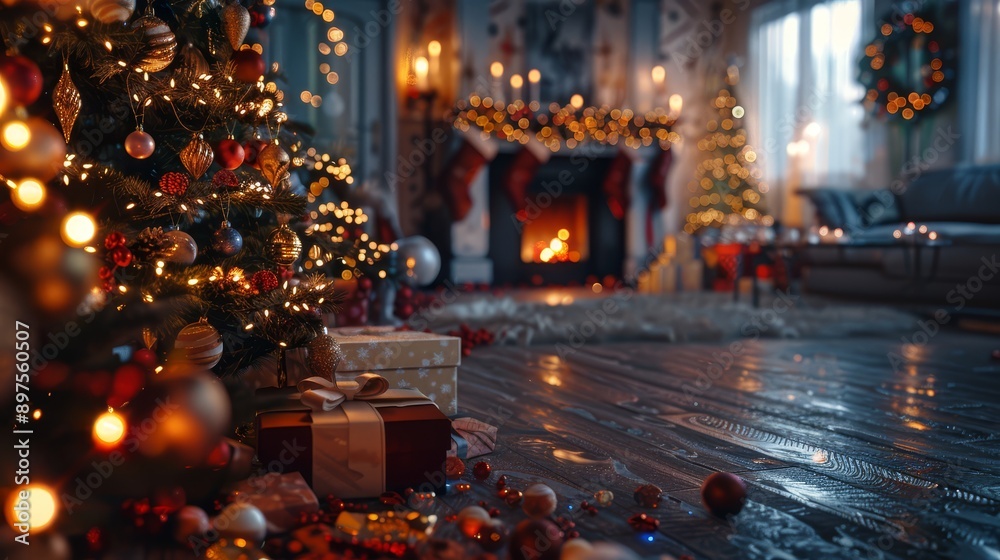 Obraz premium Cozy living room with decorated Christmas tree, fireplace, and presents