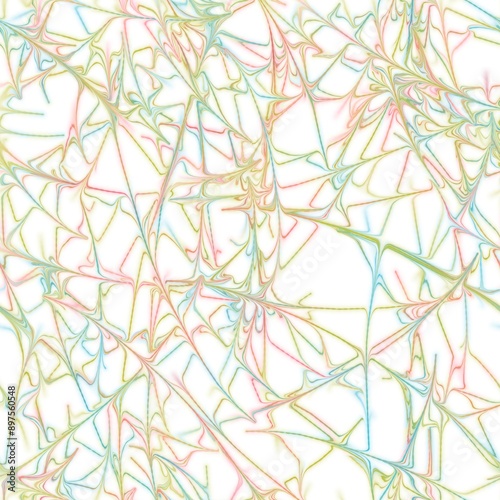 Multicolored chaotic thin lines, abstract background. Liquid texture. Seamless pattern.  Cyan opaque, rose bud and indian yellow colors on the white background. photo