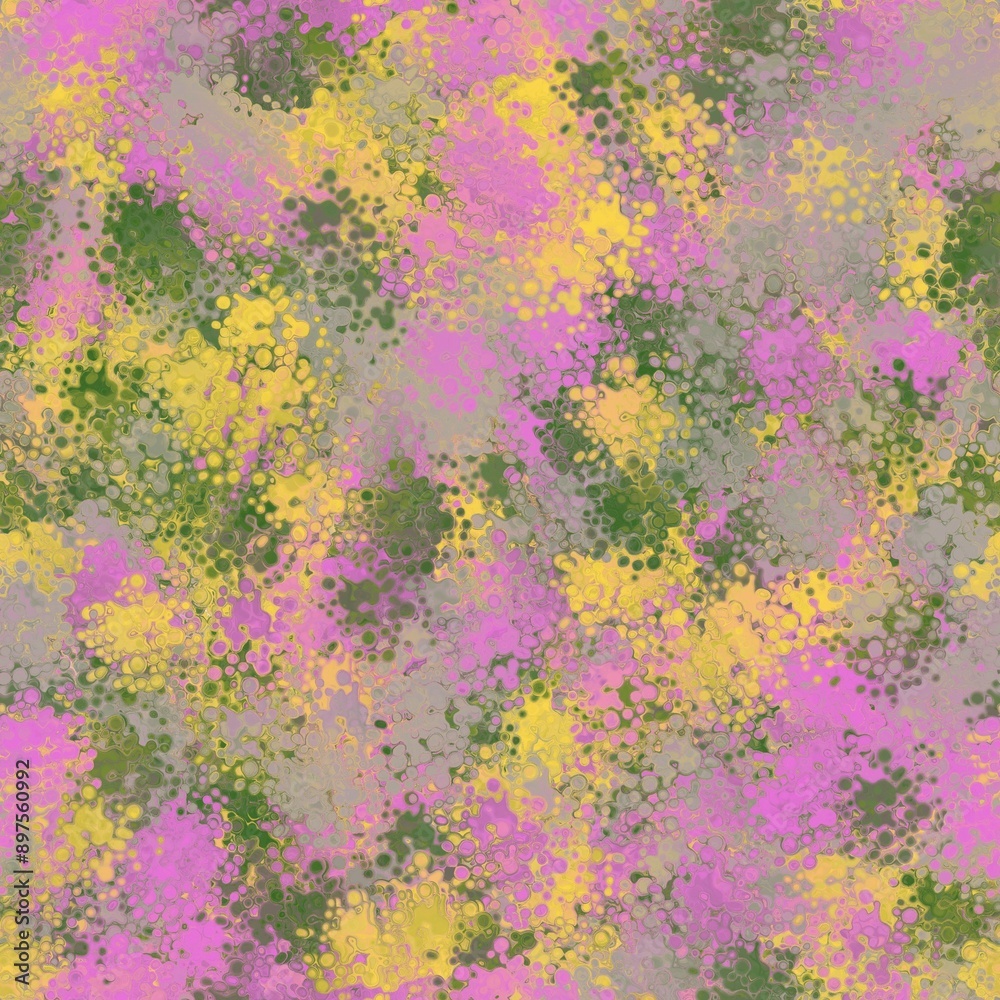 Camo green, dusty grey, candy pink and apricot yellow colored random spots, round splashes. Abstract seamless hand drawn pattern Camo green, dusty grey, candy pink and apricot yellow colored random spots, round splashes. Abstract seamless hand drawn pattern