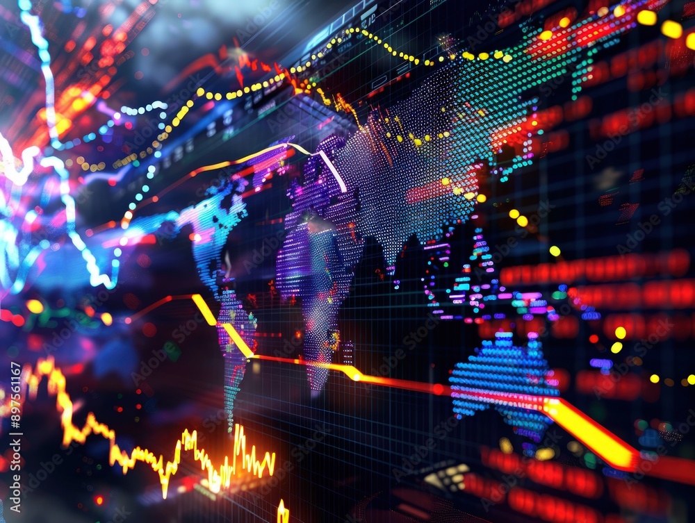 Global stocks and technology theme with dynamic lightning streaks highlighting international trends. Global stocks and technology theme with dynamic lightning streaks highlighting international trends.