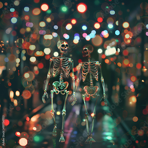 Human skeleton walking in the evenings in the city. Halloween concept
