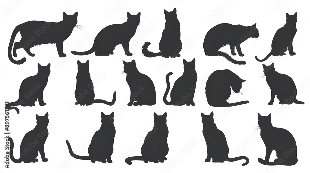 Cat silhouettes in various poses isolated png transparent background Cat silhouettes in various poses isolated png transparent background
