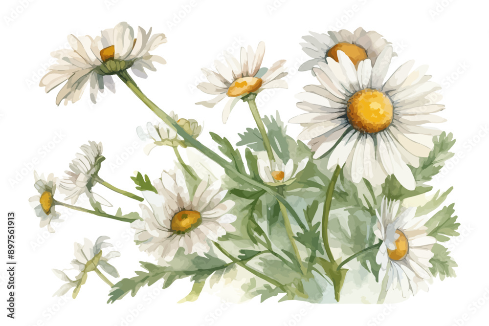 Obraz premium Chamomile background. Watercolor vector flowers. Botanical illustration. Wild bouquet.