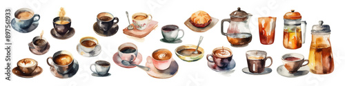 Watercolor cup illustration. Сollection of cups.