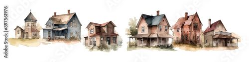 House on the island. Watercolor vector house set. Cute rural houses.