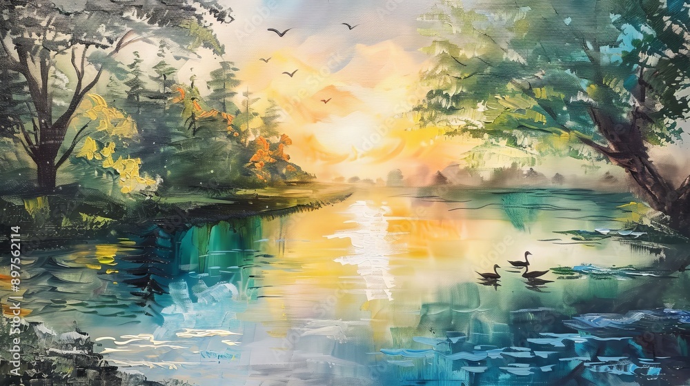Advanced kid painting a serene lake with swans Advanced kid painting a serene lake with swans