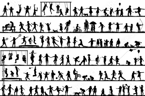 Big collection of children silhouette playing outdoor