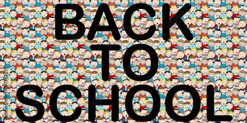 Back to school concept with text written over a lot of school children.eps