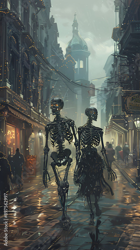 Human skeleton walking in the evenings in the city. Halloween concept