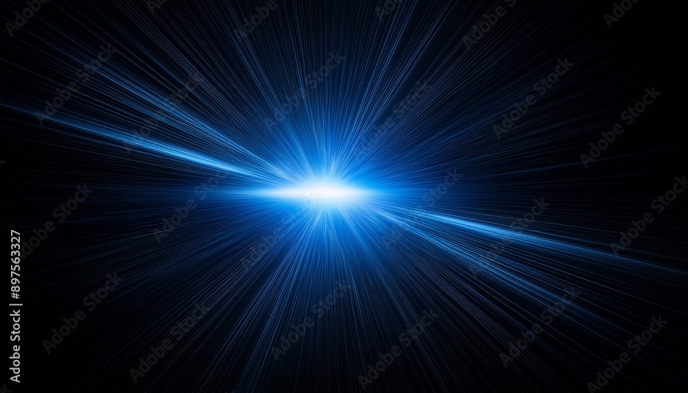 Wide angle panoramic view of a blue flare of light ray on plain black background Wide angle panoramic view of a blue flare of light ray on plain black background