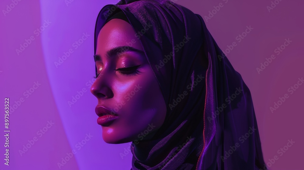 Portrait of a woman wearing a hijab with purple lighting Portrait of a woman wearing a hijab with purple lighting