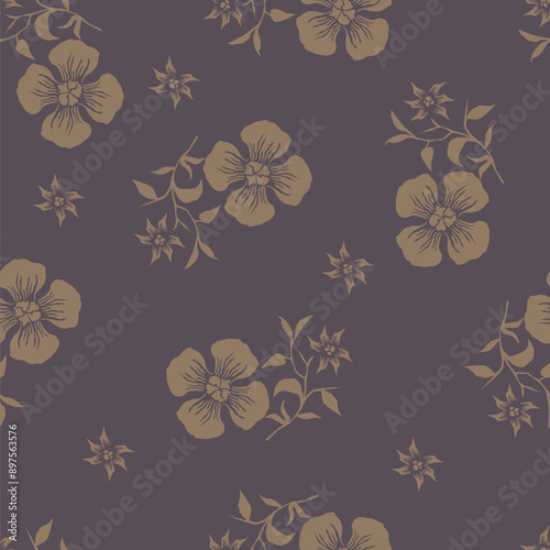 Elegance pink floral stems seamless pattern on a grey background. Vector hand drawn. Artistic, abstract flowers and tiny leaves, buds bells printing. Template for designs, fabric, fashion, textile
