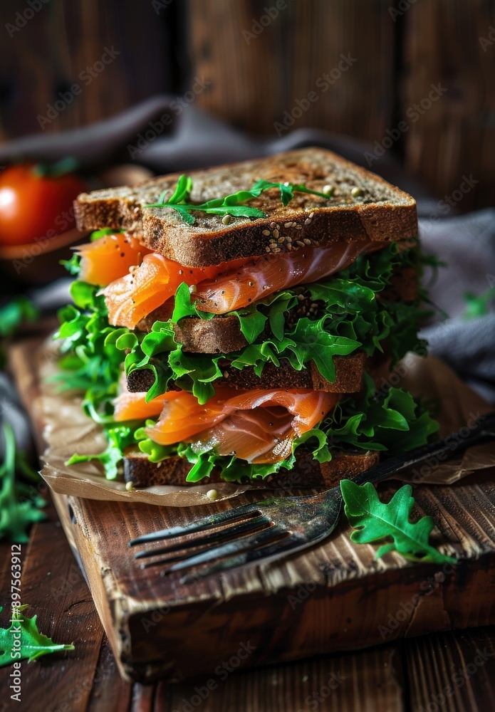 Rye bread sandwich with lettuce and salmon, fork on wooden board