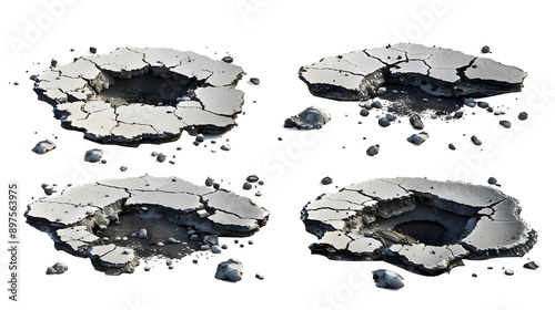 cracked asphalt with large potholes and scattered debris  isolated transparent background 