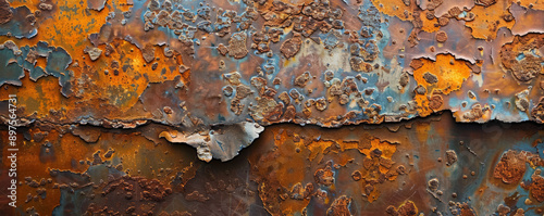 An old metal background with intricate rust patterns and weathered textures, showing the effects of time.