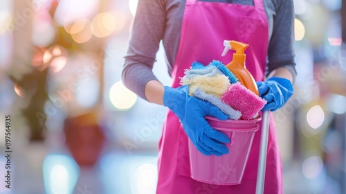 A cleaning professional, wearing a pink apron and blue gloves, holds a bucket filled with cleaning supplies, ready to tackle any cleaning task. The image symbolizes organization, cleanliness, and effi