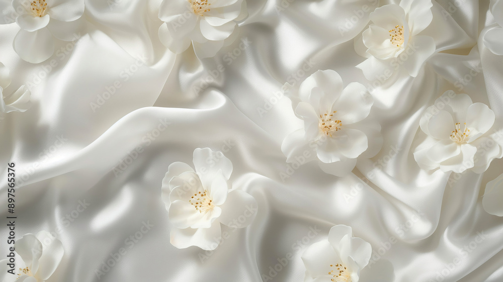 White flowers pattern silk texture of satin abstract background. Smooth soft fabric background. Textile industry background. White flowers pattern silk texture of satin abstract background. Smooth soft fabric background. Textile industry background.