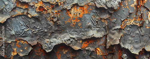 Detailed shot of an aged metal surface with flaking paint and rust, highlighting the weathered textures in a grunge aesthetic.