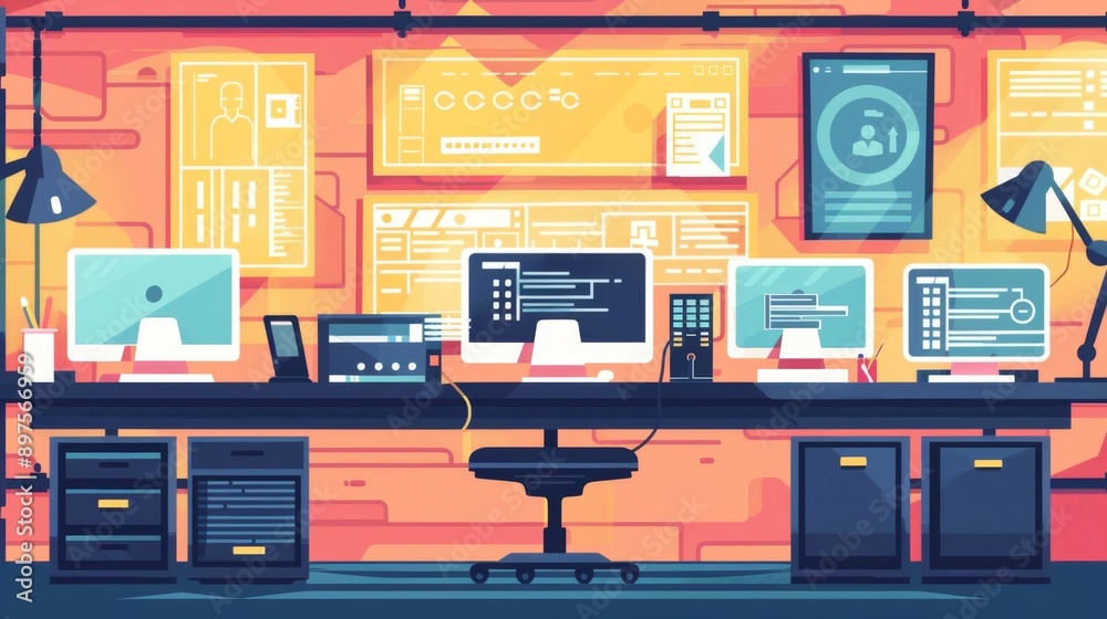 A futuristic workspace with multiple monitors displaying code, data, and user interfaces. The bright lighting illuminates the modern office and signifies innovation and progress. A futuristic workspace with multiple monitors displaying code, data, and user interfaces. The bright lighting illuminates the modern office and signifies innovation and progress.