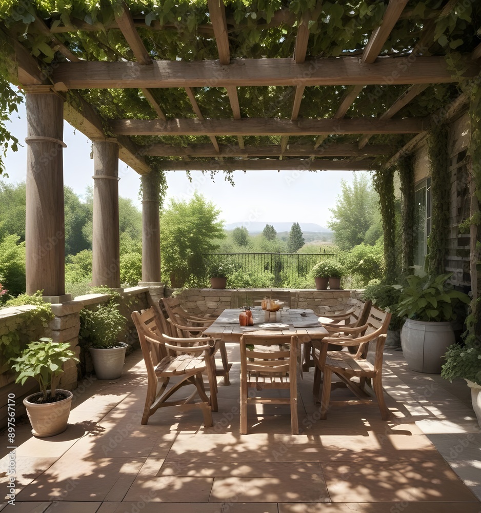 Fototapeta premium Table and chairs in a nature green valley patio..
